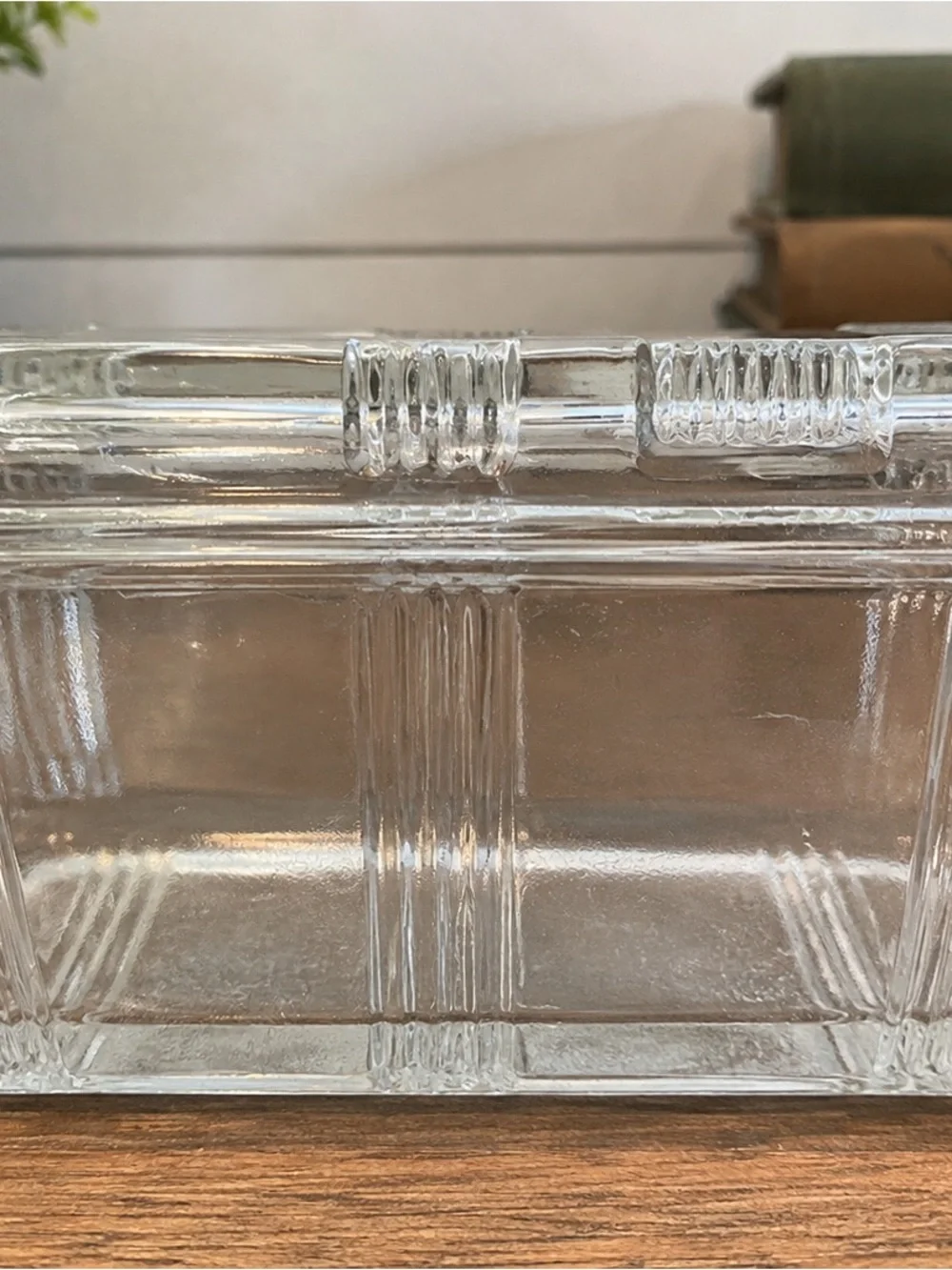 Vintage Clear Pressed Glass Refrigerator Dish With Lid Art Deco Geometric